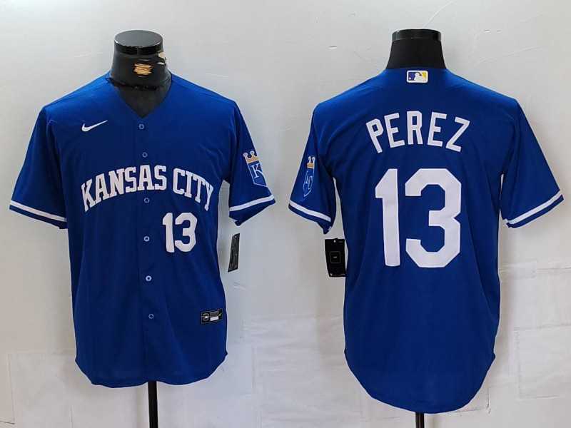 Mens Kansas City Royals #13 Salvador Perez Number Royal Cool Base Stitched Jersey